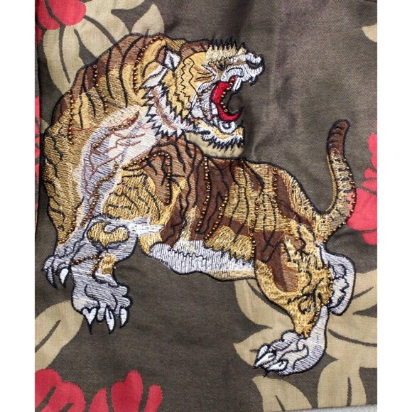 Indigo Moon Embroidered Tiger Floral Jacket 1X Brown & Red 100% Cotton Made In I - Picture 2 of 9